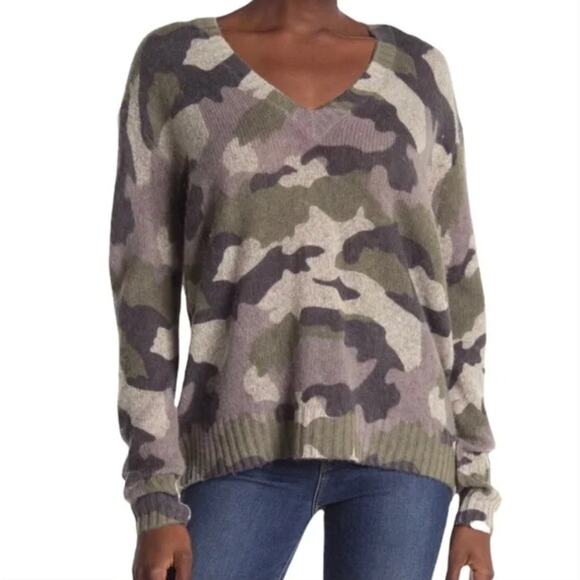 360 CASHMERE Green Gray Camouflage Camo Wool Cashmere V-Neck Sweater Size Small - Picture 7 of 7